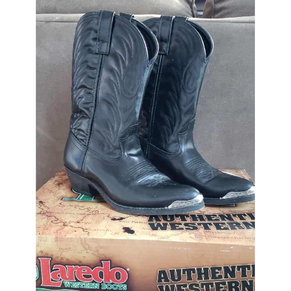 Laredo Black Tooled Leather Western Cowboy Boots Mens 9.5 Metal Toe